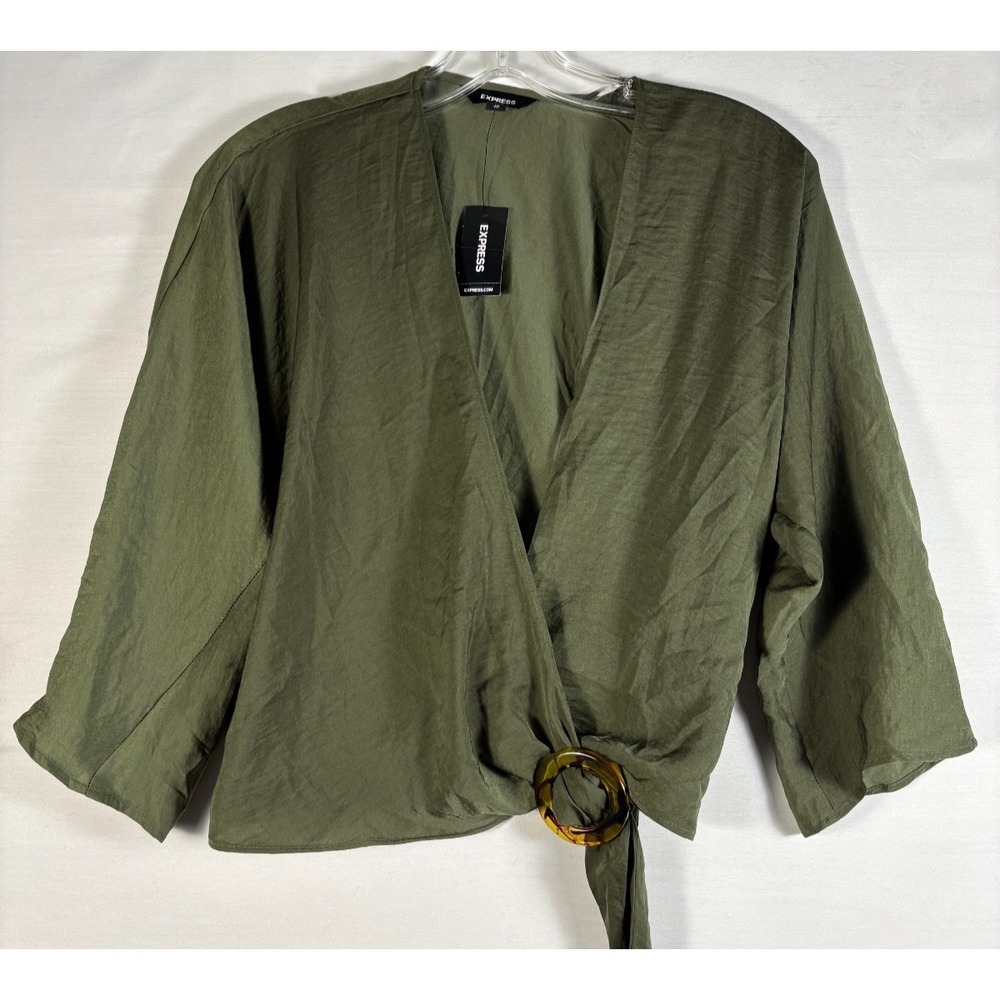 Express womens wrap shirt green‎ cropped  at waist XS NWT